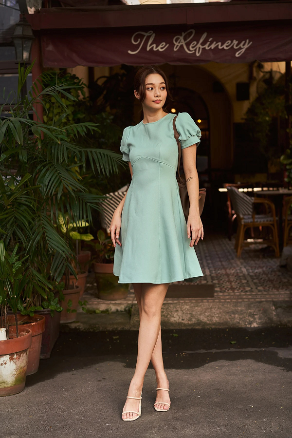  Đầm công sở basic màu xanh ngọc