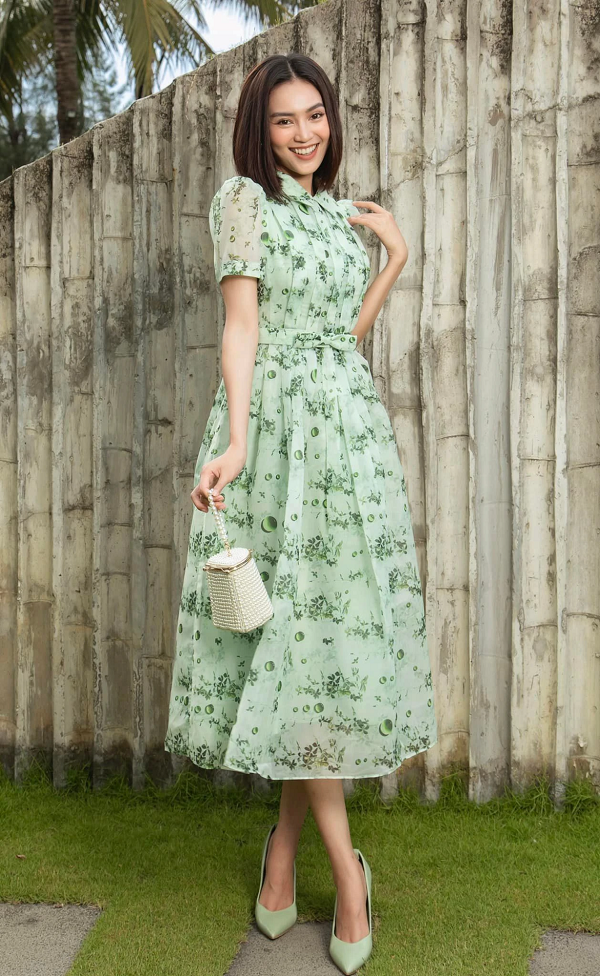 Đầm xanh ngọc vải voan hoa nhí đáng yêu