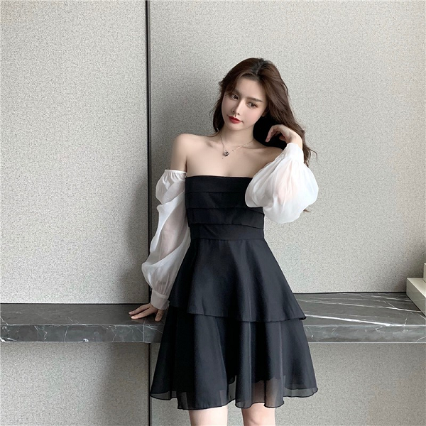 Đầm ngắn dự tiệc vải voan màu đen