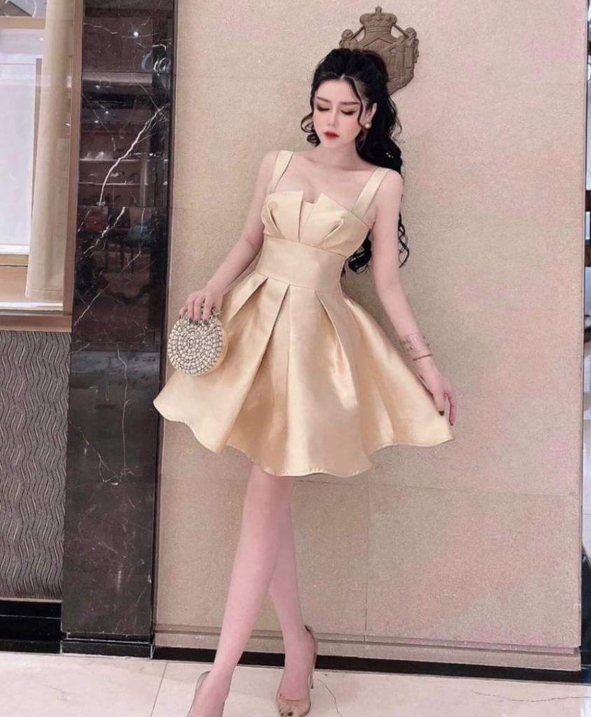 Đầm ngắn dự tiệc xếp li màu vàng phi bóng