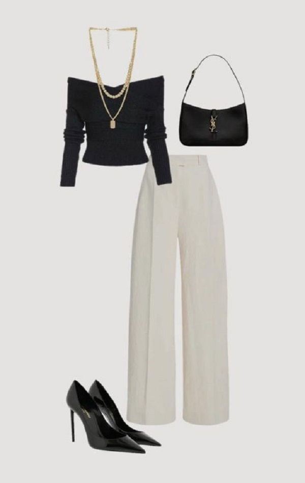 Phối đồ dự tiệc cưới với quần dài và áo trễ vai đơn giản