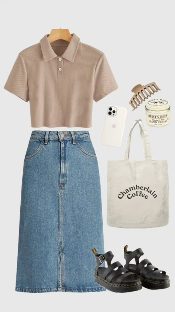 Set đồ dạo phố với chân váy jean năng động