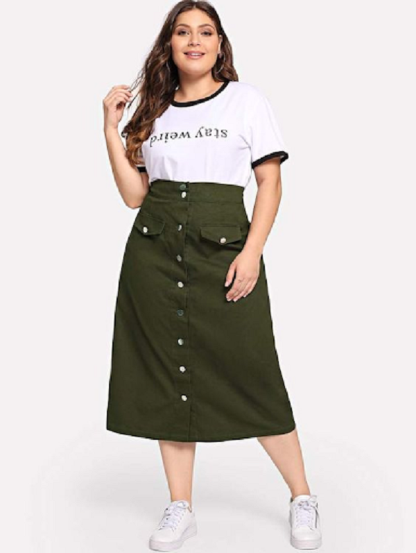 Chân váy jean cạp cao, thời trang không thể thiếu của người mập lùn