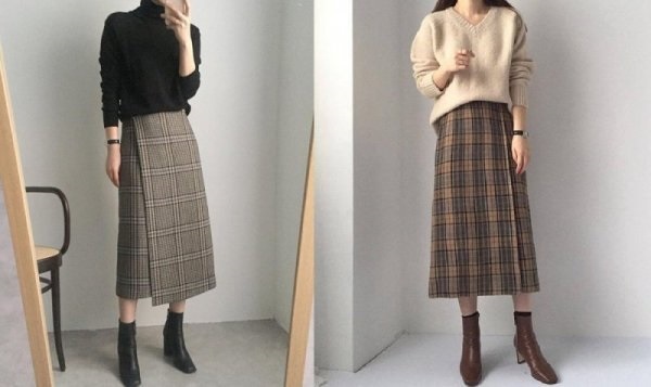 Chân váy dạ dài phối với áo len mỏng cổ trụ, cổ tim đơn giản nhưng cá tính