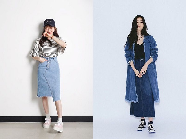 Mang giày sneaker năng động với chân váy jean dài