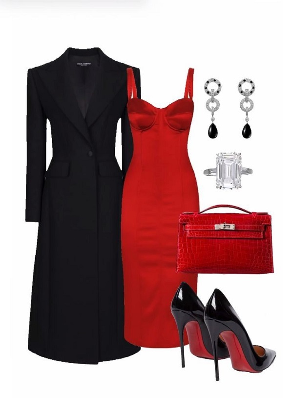 Đầm body đỏ phối với cao gót đen vừa sang trọng, vừa quyến rũ