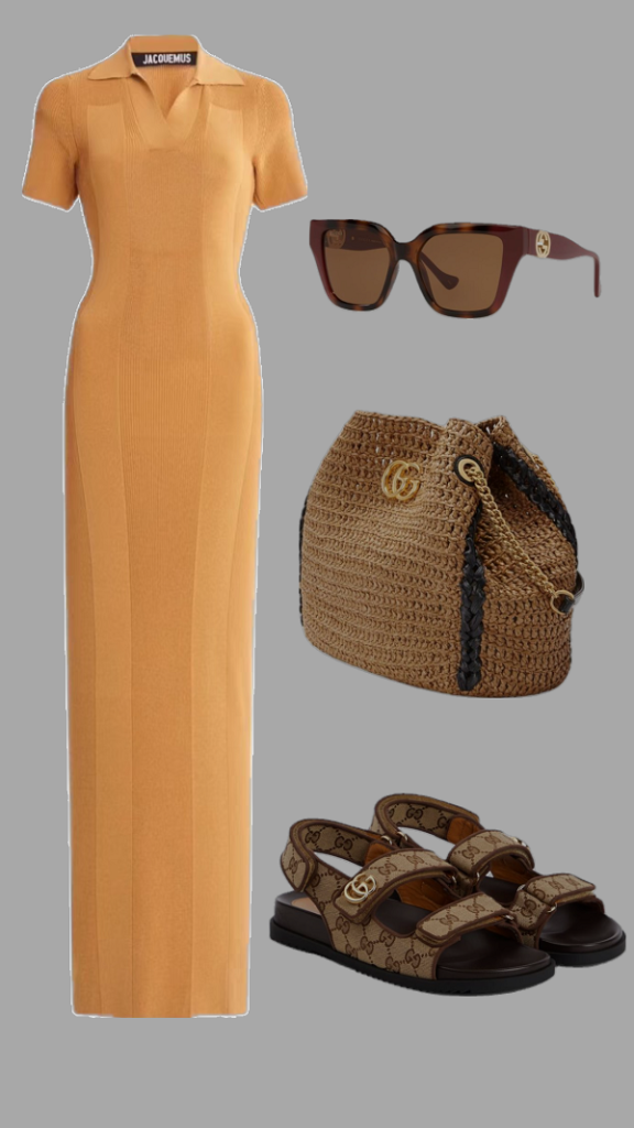 Váy ôm sát body dài mang cùng giày Sandal đơn giản cùng tone màu