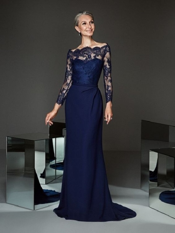 Mẫu đầm dạ hội trễ vai giúp bà sui trở nên thanh lịch, dịu dàng