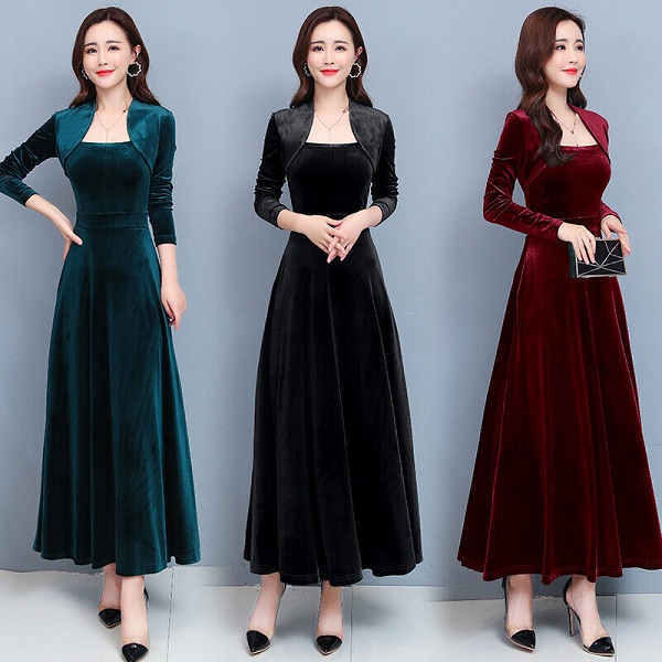 Kiểu váy đầm dáng xòe bằng vải nhung vừa tôn dáng vừa giữ ấm được