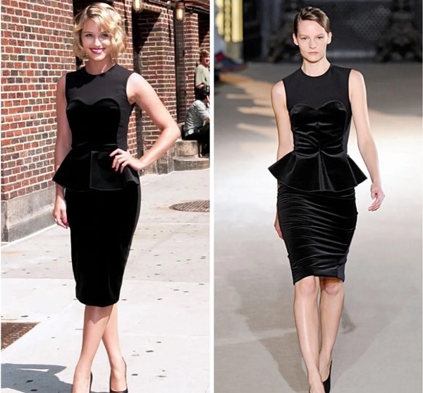 Dáng đầm peplum bằng chất liệu nhung màu đen giúp tôn lên vóc dáng cơ thể