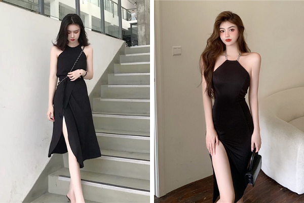 Váy xẻ tà 1 bên, phía chân phải cho váy xoè lẫn váy ôm