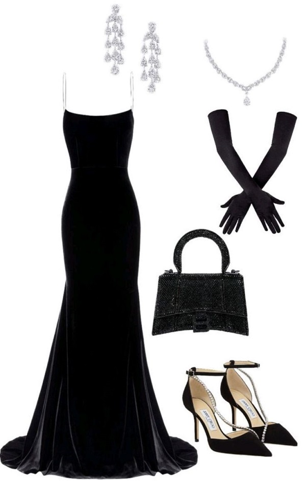 Gợi ý cách phối phụ kiện với đầm dạ hội màu đen cúp ngực 2 dây mảnh