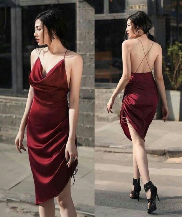 Đầm đỏ hở lưng có dây chéo quyến rũ