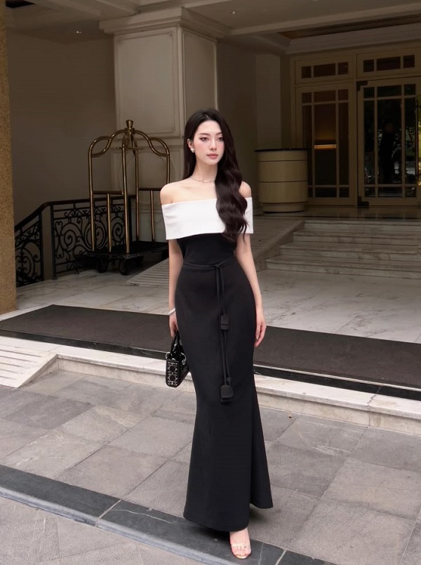 Mẫu đầm đen cổ trắng cúp ngực sang trọng, cao cấp