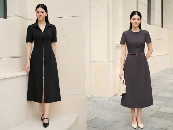 Mẫu đầm chữ A thanh lịch, giúp nàng thấp tròn che khuyết điểm vòng hai, tôn dáng thon gọn hơn.