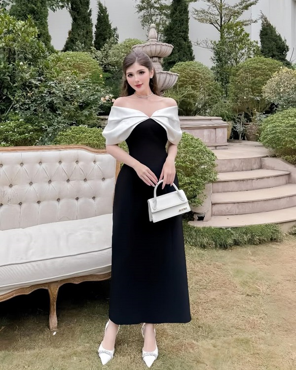 Váy dài trễ vai quyến rũ, tôn bờ vai thon gọn, thích hợp cho tiệc tối lãng mạn