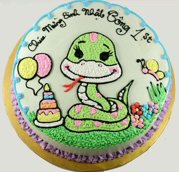 Mẫu bánh kem mừng thôi nôi, mừng con 1 tuổi hình con rắn