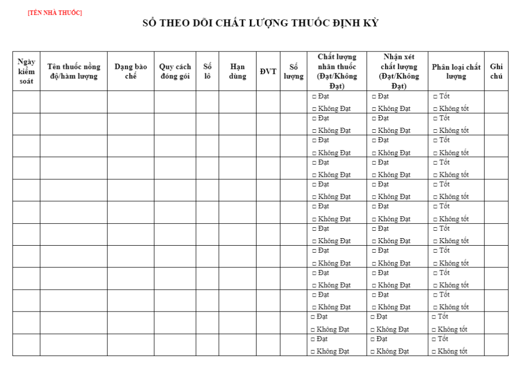 Tham khảo cách ghi mẫu sổ sách nhà thuốc GPP - mẫu theo dõi hất lượng thuốc