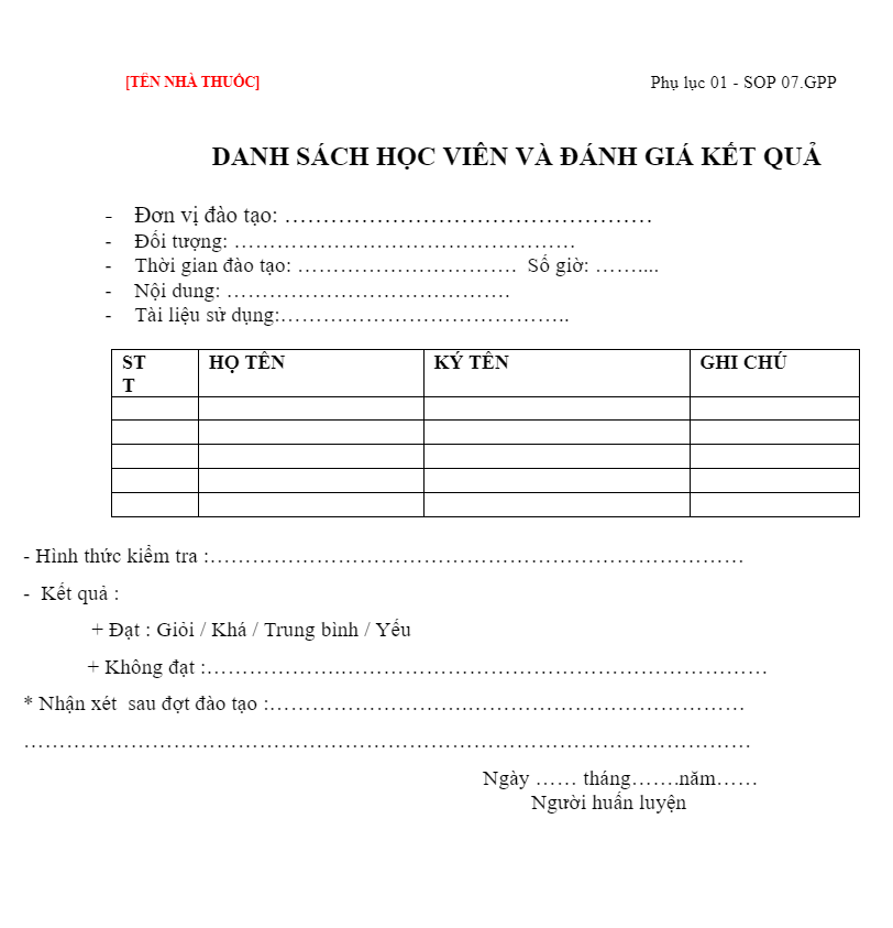 Tham khảo mẫu hồ sơ đánh giá nhân viên đào tạo