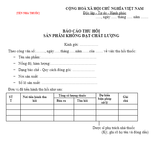 Tham khảo mẫu hồ sơ thu hồi thuốc không đạt chuẩn