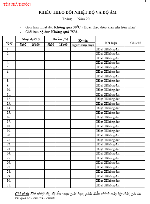 Tham khảo mẫu phiếu theo dõi nhiệt độ trong quá trình bảo quản thuốc