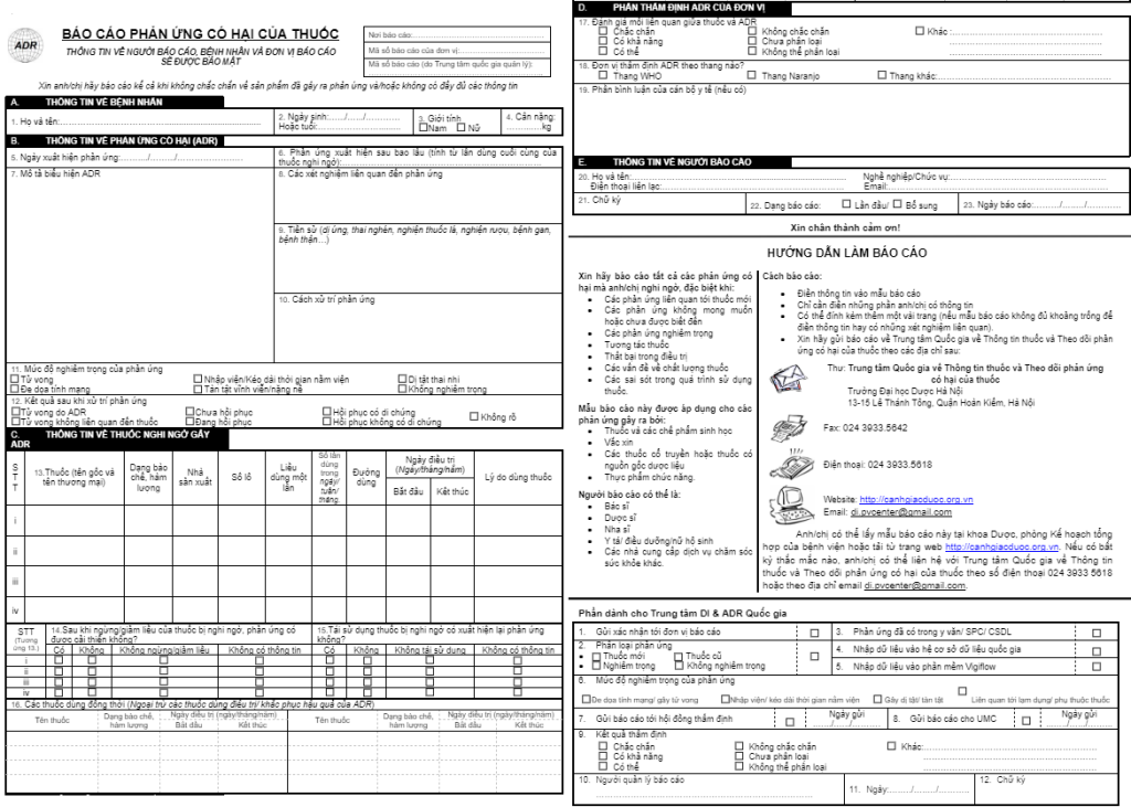 Mẫu báo cáo phản ứng có hại theo tiêu chí ADR